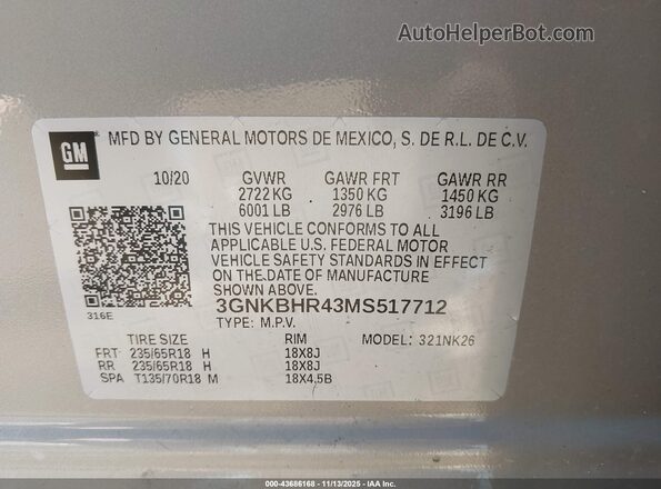 3GNKBHR43MS517712 2021 CHEVROLET BLAZER Gray Շարժիչի բաժամունքի տեսք