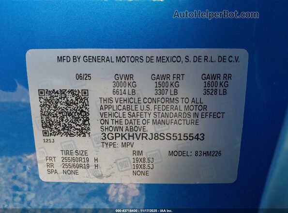 3GPKHVRJ8SS515543 2025 HONDA PROLOGUE Синий Вид подкапотного пространства