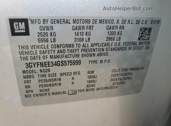 3GYFNEE34GS575999 2016 CADILLAC SRX Silver Vista interior de 360 grados