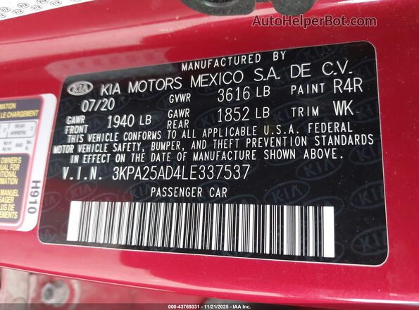 3KPA25AD4LE337537 2020 KIA RIO 5-DOOR Red Widok komory silnika