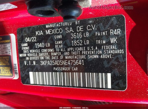 3KPA25AD5NE475641 2022 KIA RIO 5-DOOR Red Vista de la etiqueta del VIN