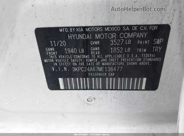 3KPC24A67ME136477 2021 HYUNDAI ACCENT Белый Вид подкапотного пространства