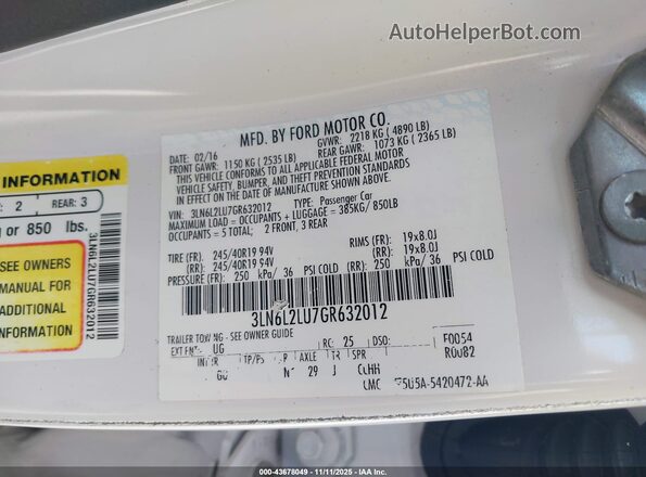 3LN6L2LU7GR632012 2016 LINCOLN MKZ HYBRID White Vista del compartimento del motor
