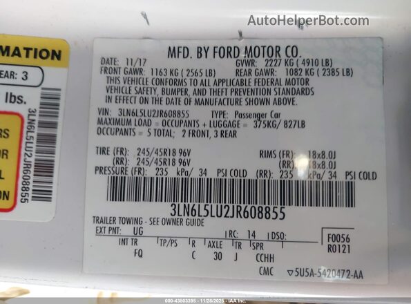 3LN6L5LU2JR608855 2018 LINCOLN MKZ HYBRID White Widok komory silnika