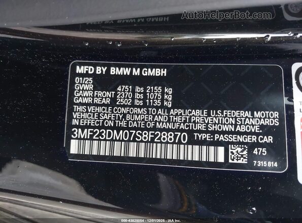 3MF23DM07S8F28870 2025 BMW M2 Black Շարժիչի բաժամունքի տեսք
