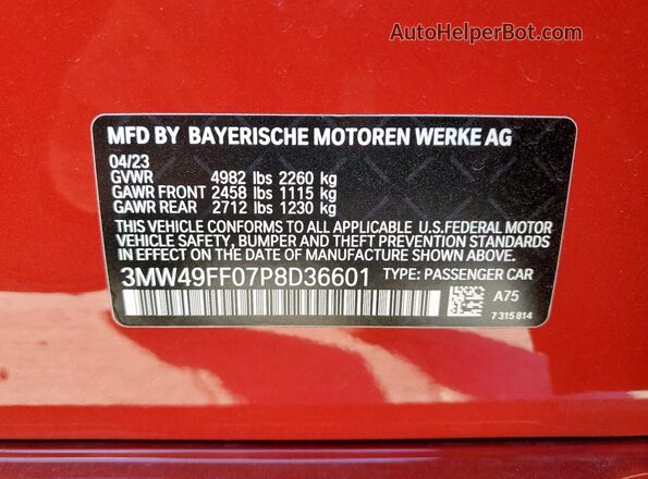 3MW49FF07P8D36601 2023 BMW M3 Красный Панорамный вид салона 360°