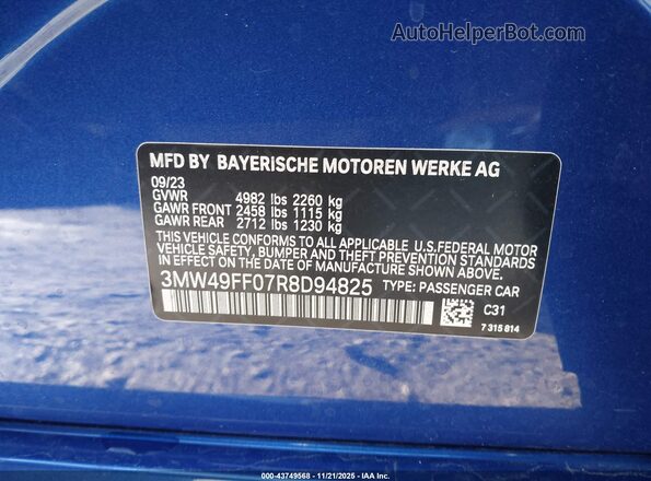 3MW49FF07R8D94825 2024 BMW M3 Blue Вид підкапотного простору