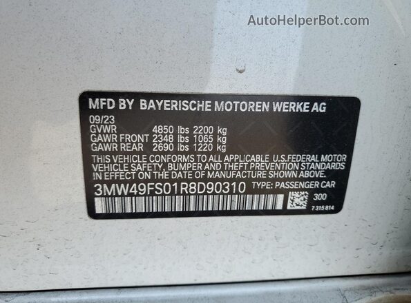 3MW49FS01R8D90310 2024 BMW M3 Белый Вид наклейки с VIN-кодом
