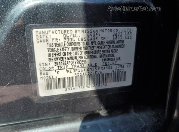 3N1AB7AP9GY293595 2016 NISSAN SENTRA Blue Vista de la etiqueta del VIN