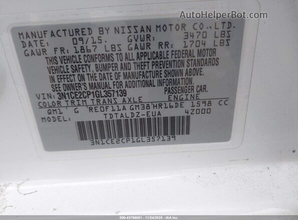 3N1CE2CP1GL357139 2016 NISSAN VERSA NOTE White ძრავის განყოფილების ხედი