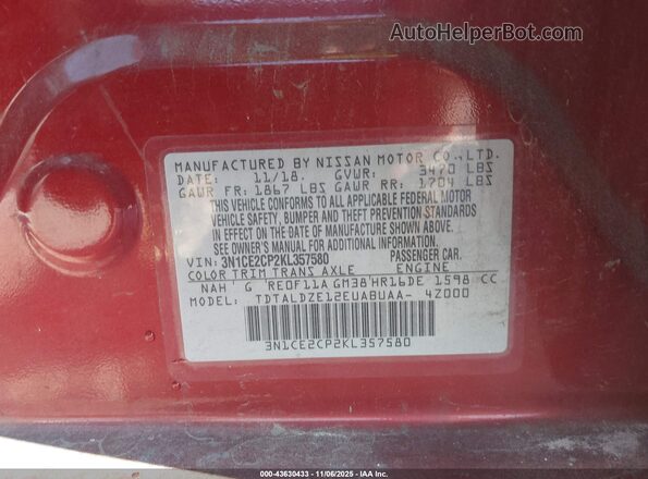 3N1CE2CP2KL357580 2019 NISSAN VERSA NOTE Red Widok komory silnika