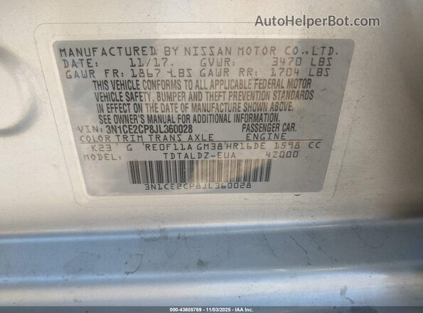 3N1CE2CP8JL360028 2018 NISSAN VERSA NOTE Серебряный Вид подкапотного пространства