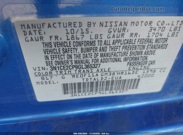 3N1CE2CP9GL365327 2016 NISSAN VERSA NOTE Blue Շարժիչի բաժամունքի տեսք