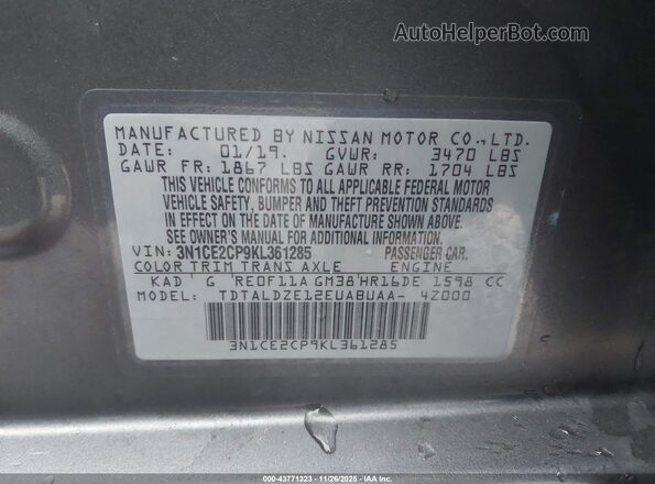 3N1CE2CP9KL361285 2019 NISSAN VERSA NOTE Gray Вид підкапотного простору
