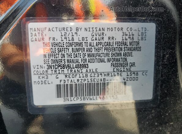 3N1CP5BV6LL488993 2020 NISSAN KICKS Черный Вид наклейки с VIN-кодом