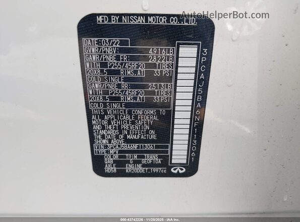 3PCAJ5BA6NF113061 2022 INFINITI QX50 White Вид підкапотного простору
