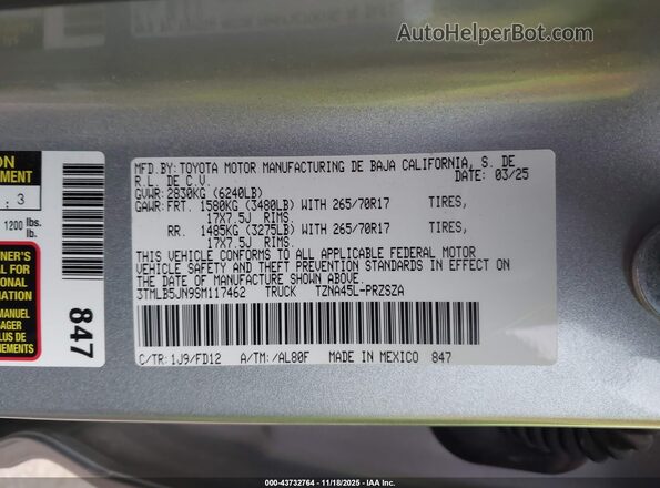 3TMLB5JN9SM117462 2025 TOYOTA TACOMA Серебряный Вид подкапотного пространства