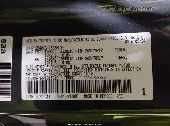 3TYJBAFN0RT013918 2024 TOYOTA TACOMA Gray Вид підкапотного простору