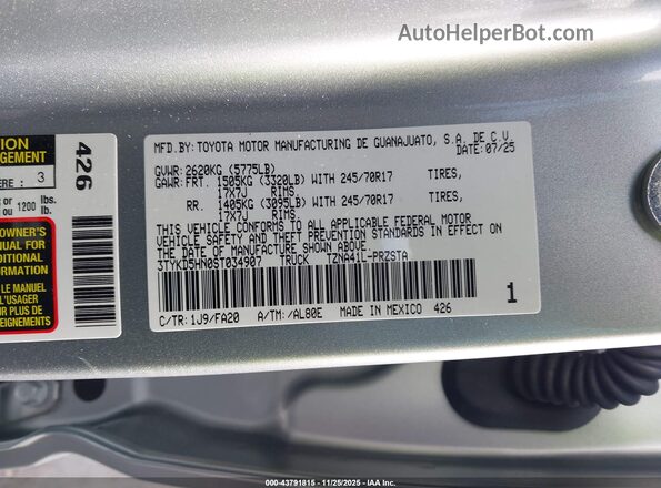 3TYKD5HN0ST034907 2025 TOYOTA TACOMA Silver Widok komory silnika