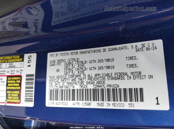3TYLC5LN0RT002774 2024 TOYOTA TACOMA HYBRID Blue Engine compartment view