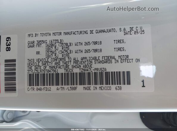 3TYLC5LN7ST047961 2025 TOYOTA TACOMA HYBRID White Engine compartment view