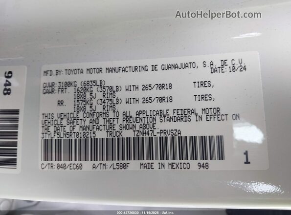 3TYLF5LN5RT010215 2024 TOYOTA TACOMA HYBRID White Շարժիչի բաժամունքի տեսք