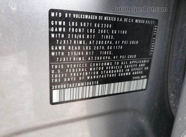 3VV0B7AX2MM104315 2021 VOLKSWAGEN TIGUAN Серебряный Панорамный вид салона 360°