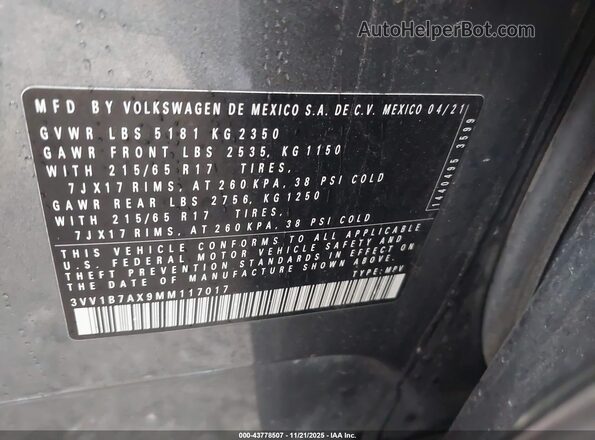3VV1B7AX9MM117017 2021 VOLKSWAGEN TIGUAN Серый Вид подкапотного пространства