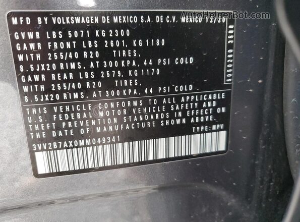 3VV2B7AX0MM049341 2021 VOLKSWAGEN TIGUAN Gray Вид наклейки з VIN-кодом