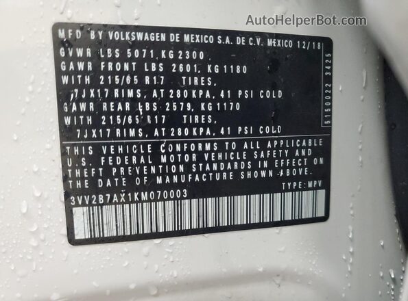3VV2B7AX1KM070003 2019 VOLKSWAGEN TIGUAN White Панорамний вид салону 360°