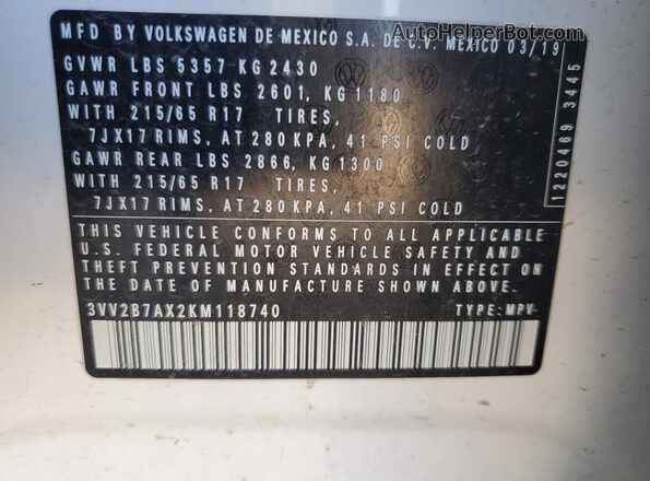 3VV2B7AX2KM118740 2019 VOLKSWAGEN TIGUAN Белый Панорамный вид салона 360°