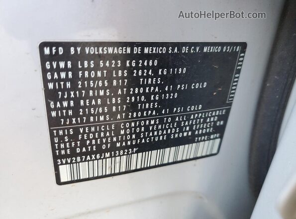 3VV2B7AX6JM138231 2018 VOLKSWAGEN TIGUAN Белый Панорамный вид салона 360°