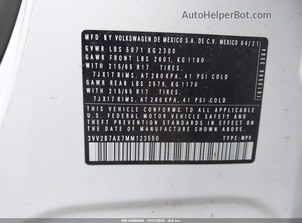 3VV2B7AX7MM123550 2021 VOLKSWAGEN TIGUAN White Вид підкапотного простору