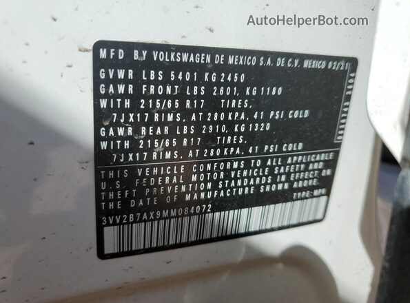 3VV2B7AX9MM084072 2021 VOLKSWAGEN TIGUAN White VIN կոդի պիտակի տեսք