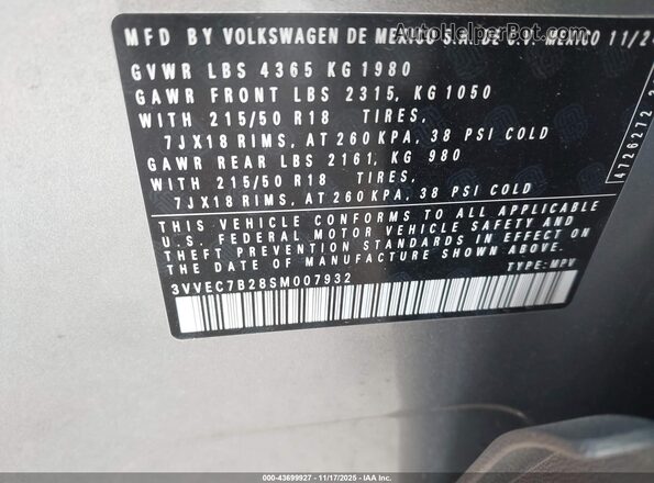 3VVEC7B28SM007932 2025 VOLKSWAGEN TAOS Серый Вид подкапотного пространства