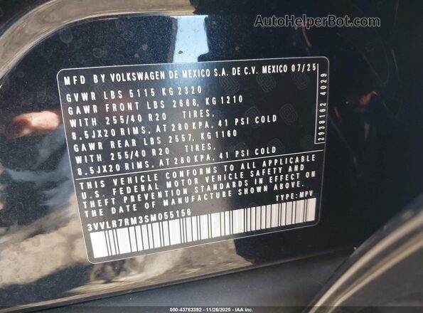 3VVLR7RM3SM055156 2025 VOLKSWAGEN TIGUAN Black Vista del compartimento del motor