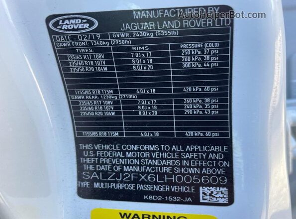 SALZJ2FX6LH005609 2020 LAND ROVER RANGE ROVER Белый Вид задней части салона