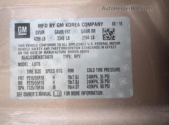 KL4CJCSM3KB734676 2019 BUICK ENCORE Желто-коричневый 