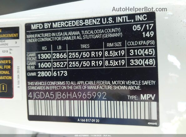 4JGDA5JB6HA965992 2017 MERCEDES-BENZ GLE 350 White Widok komory silnika