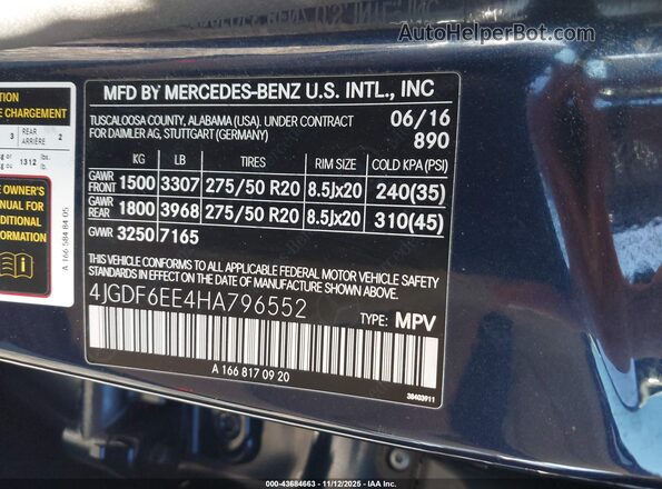 4JGDF6EE4HA796552 2017 MERCEDES-BENZ GLS 450 Blue Widok komory silnika