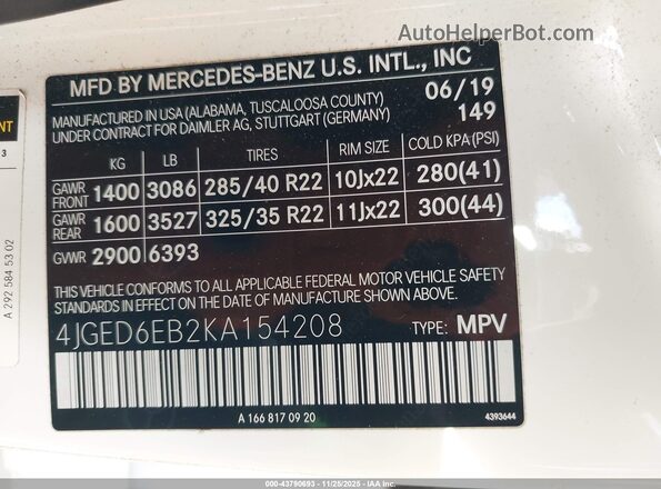 4JGED6EB2KA154208 2019 MERCEDES-BENZ AMG GLE 43 COUPE White Widok komory silnika