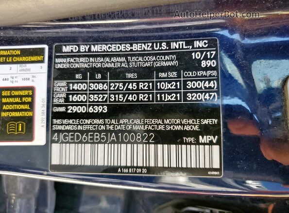 4JGED6EB5JA100822 2018 MERCEDES-BENZ GLE Синий Вид наклейки с VIN-кодом