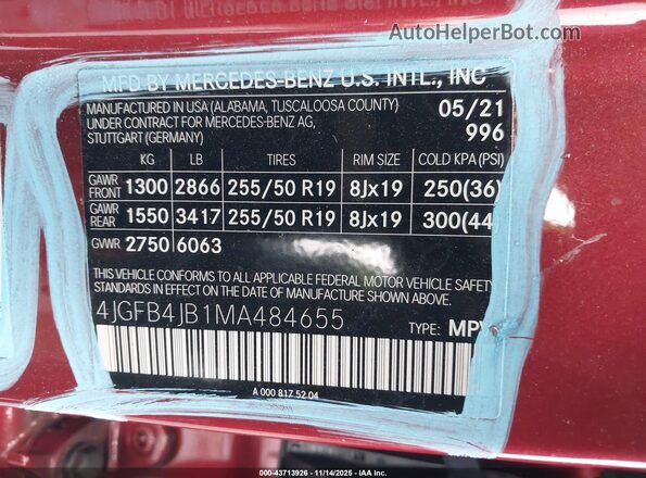 4JGFB4JB1MA484655 2021 MERCEDES-BENZ GLE 350 Red Widok komory silnika