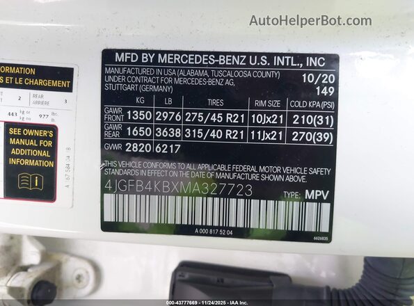 4JGFB4KBXMA327723 2021 MERCEDES-BENZ GLE 350 White Widok komory silnika