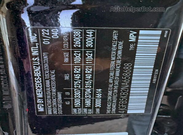 4JGFB5KB2NA658688 2022 MERCEDES-BENZ GLE Black Vista de la etiqueta del VIN