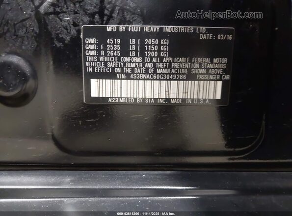 4S3BNAC60G3049286 2016 SUBARU LEGACY Black Widok komory silnika