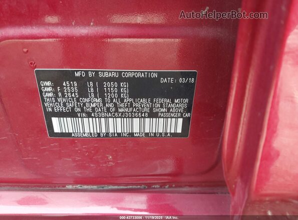 4S3BNAC6XJ3036648 2018 SUBARU LEGACY Red Вид підкапотного простору