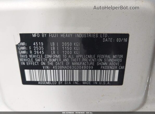 4S3BNAD63G3049099 2016 SUBARU LEGACY White Widok komory silnika