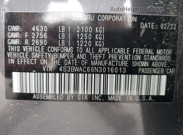 4S3BWAC66N3016013 2022 SUBARU LEGACY Gray Widok naklejki z numerem VIN