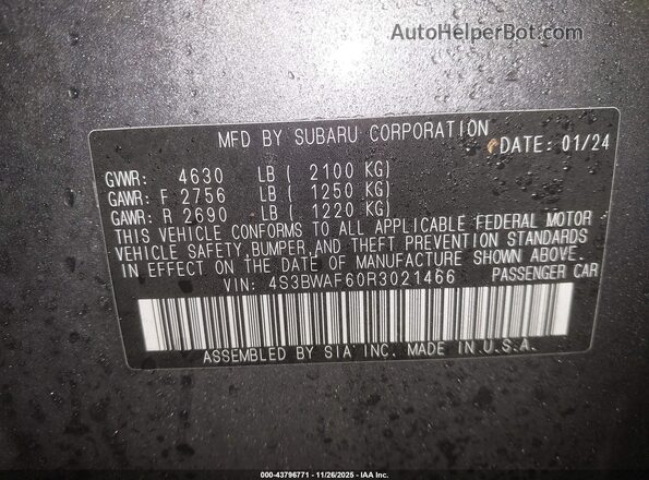 4S3BWAF60R3021466 2024 SUBARU LEGACY Gray Widok komory silnika
